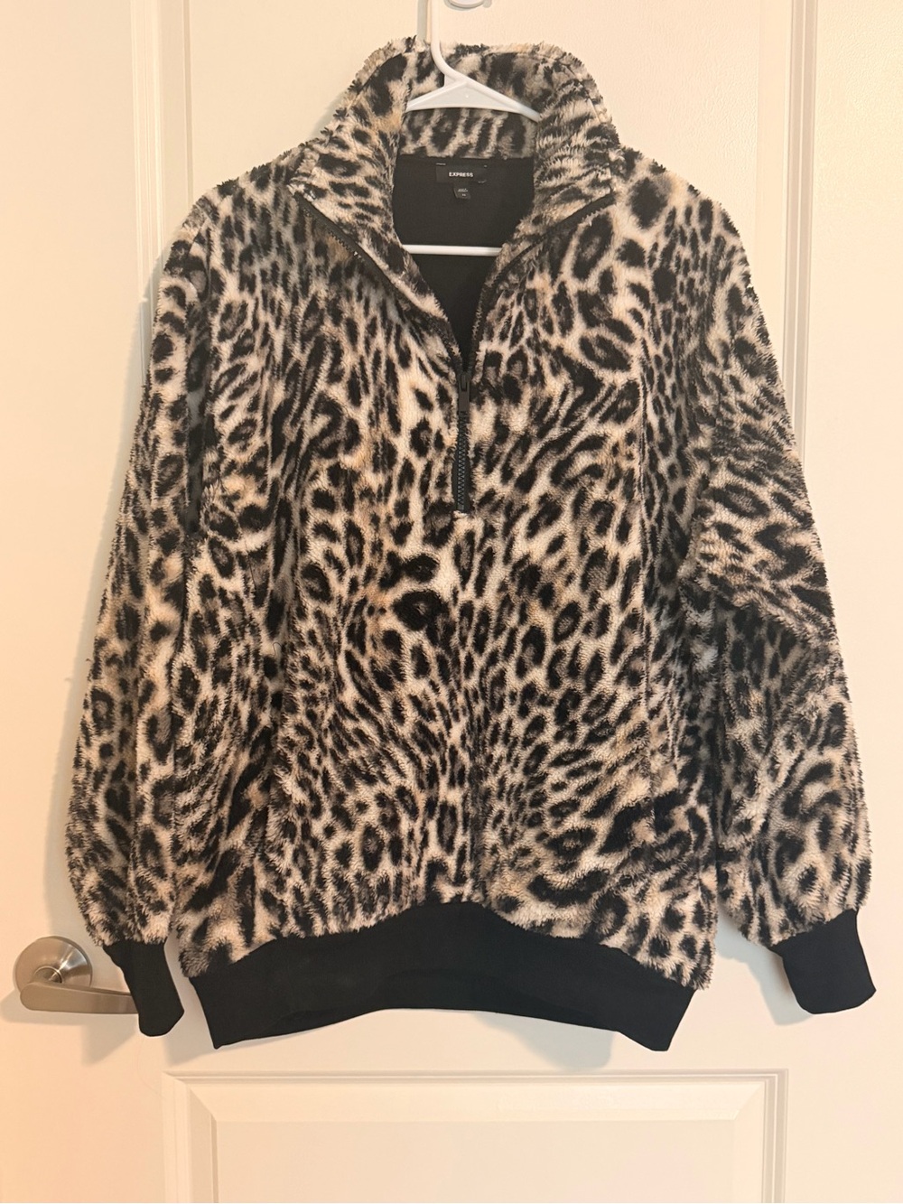Leopard Teddy Half-Zip Jacket - Size X-Small - Black & Cream